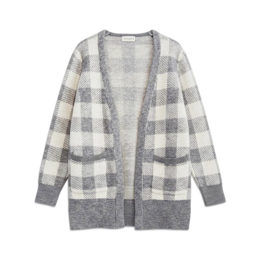 The Nines Cardigan Sweater Womens Small‎ Gray Gingham Plaid Open Front Knit